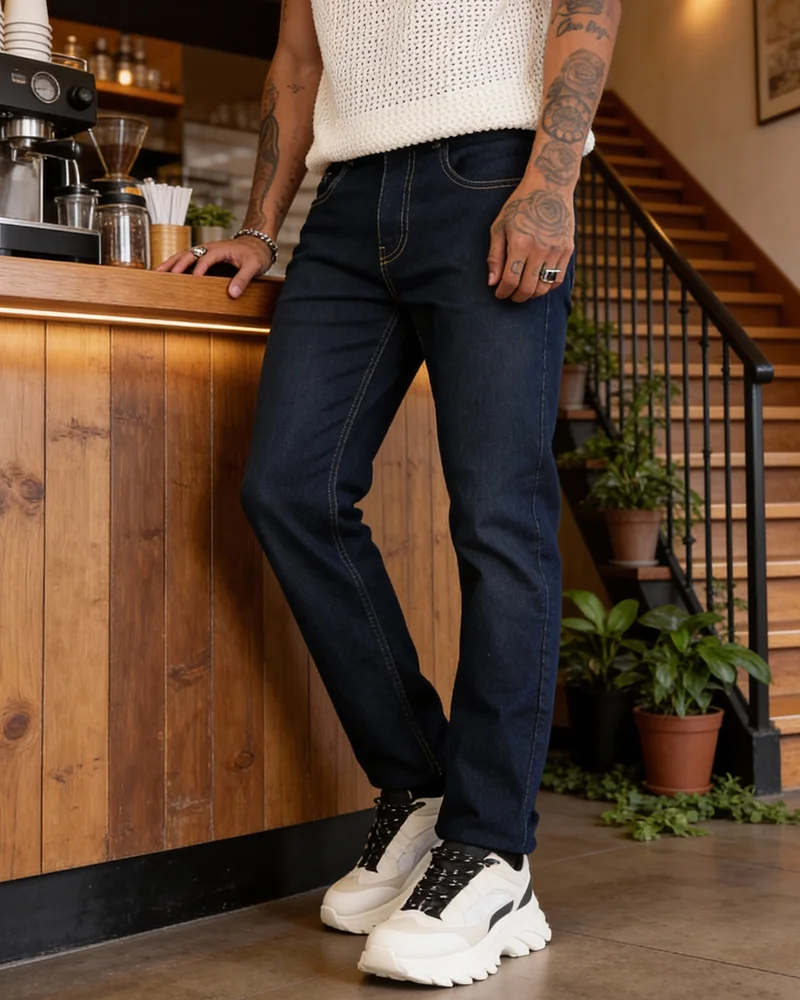 بيواكوف Men's Dark Blue Slim Straight Fit Stretchable Mid-Rise Jeans